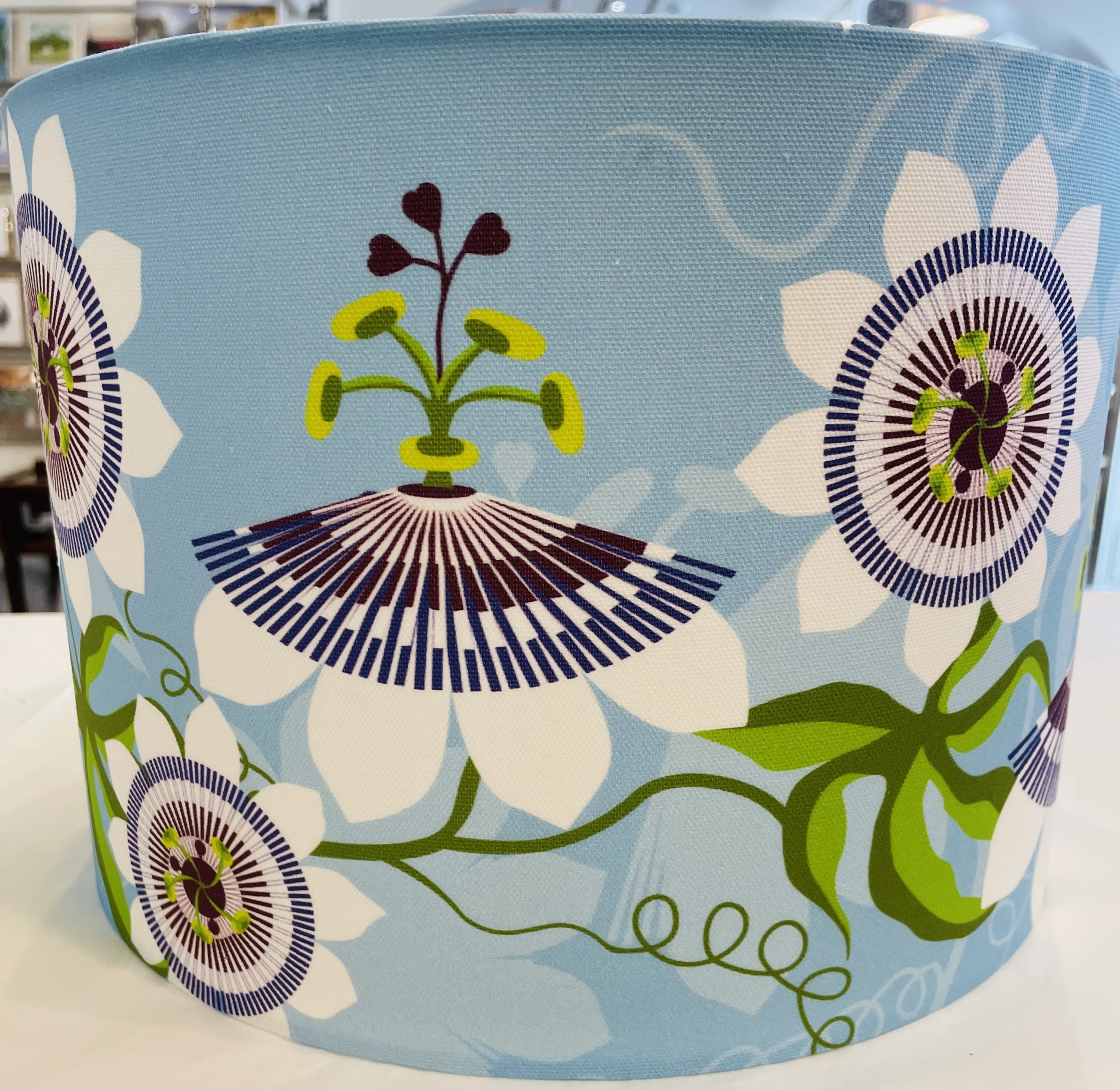 Lampshade, with Passiflora (Passion flower) design on a light blue
