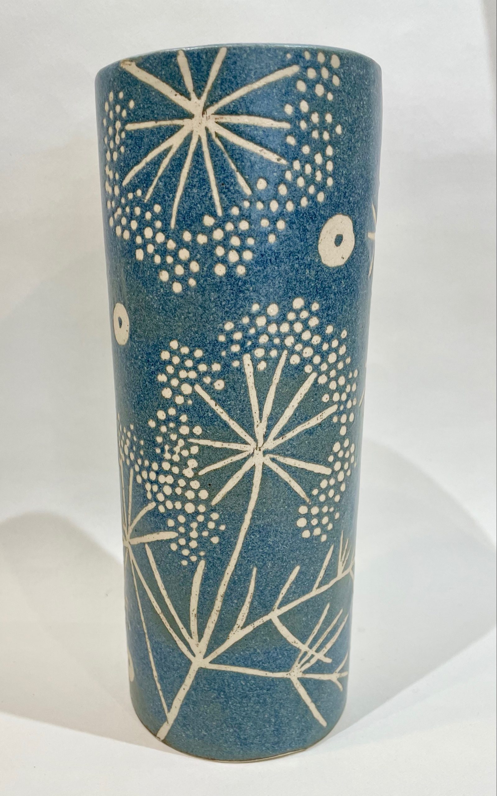 Blue stoneware tall vase, seed head design Becksteps Gallery