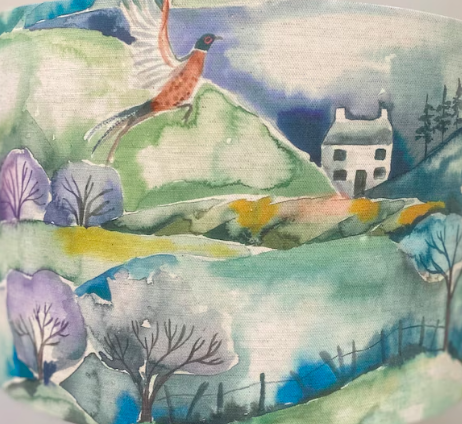 Lampshade, Countryside Scene, Blue and Green Tones