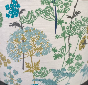 Lampshade, Cow Parsley Design in Subtle Blue, Green and Yellow Colours with White Background