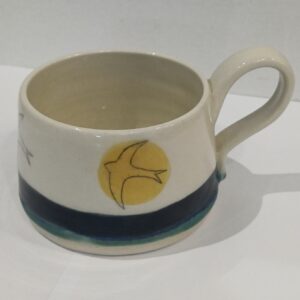 Handmade White Stoneware Cup, Glazed in White, Turquoise, and Green with Swift Decoration