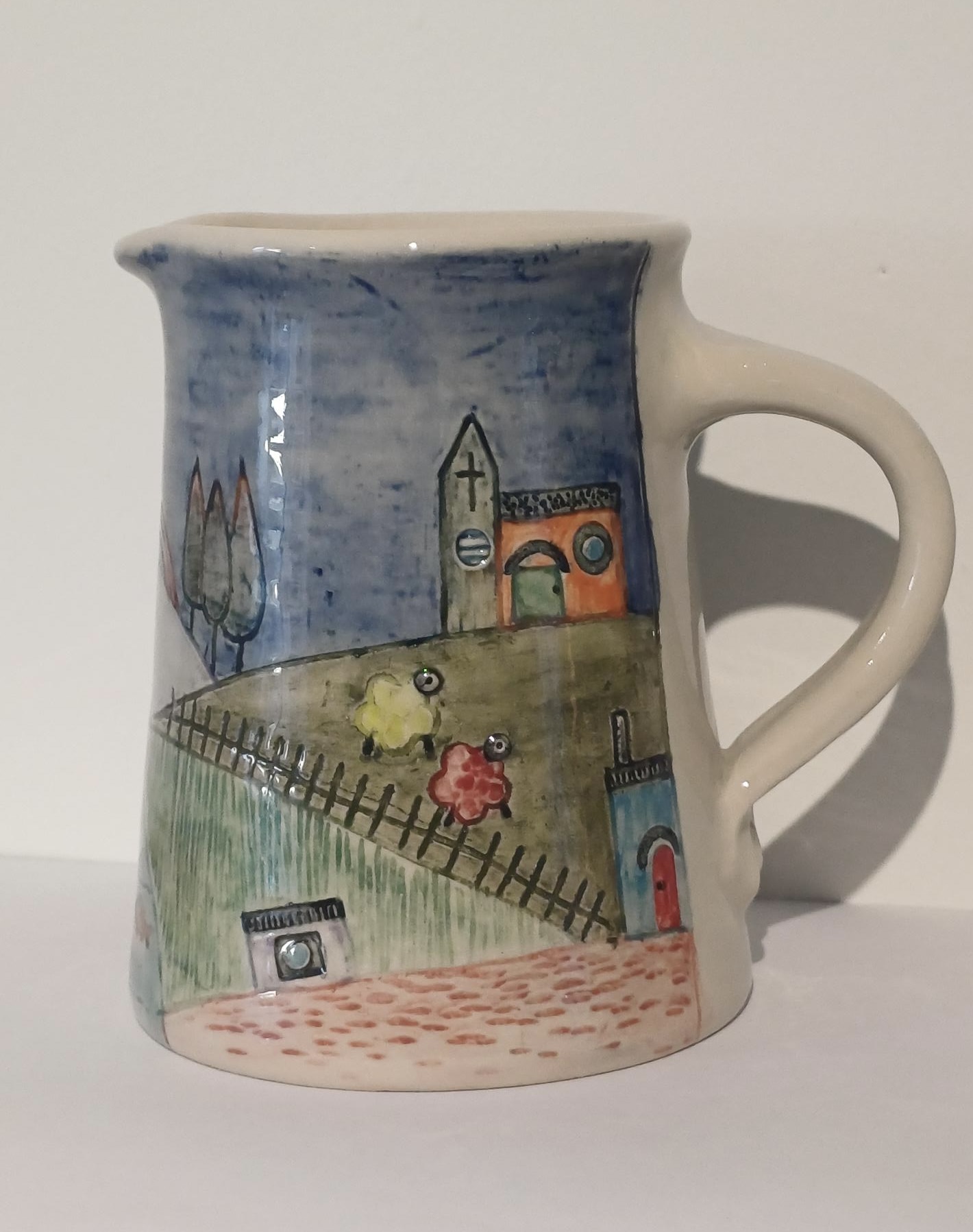 Handmade, Carved and Decorated Large Stoneware Jug with Landscape Design