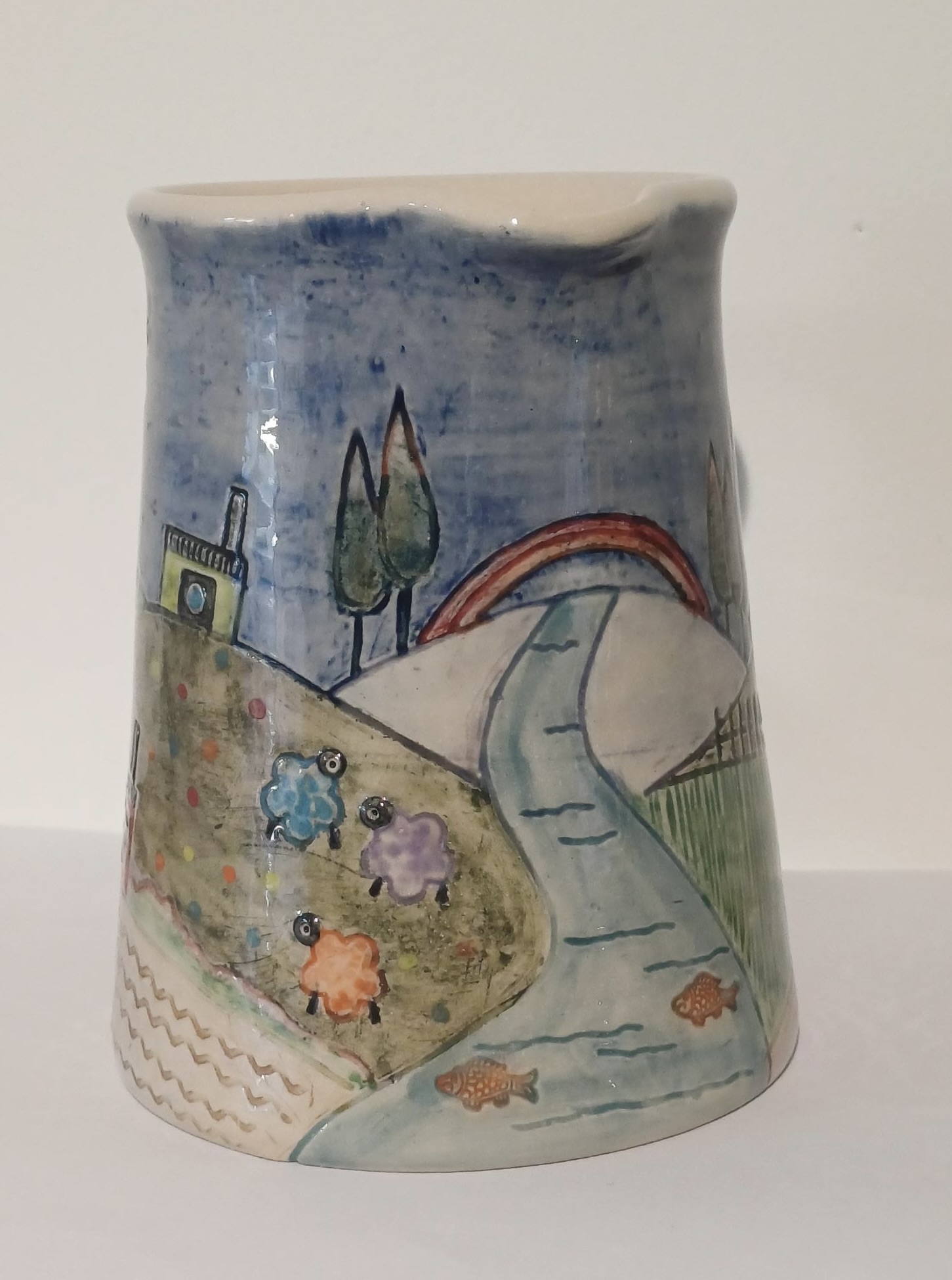 Handmade, Carved and Decorated Large Stoneware Jug with Landscape Design - Image 3