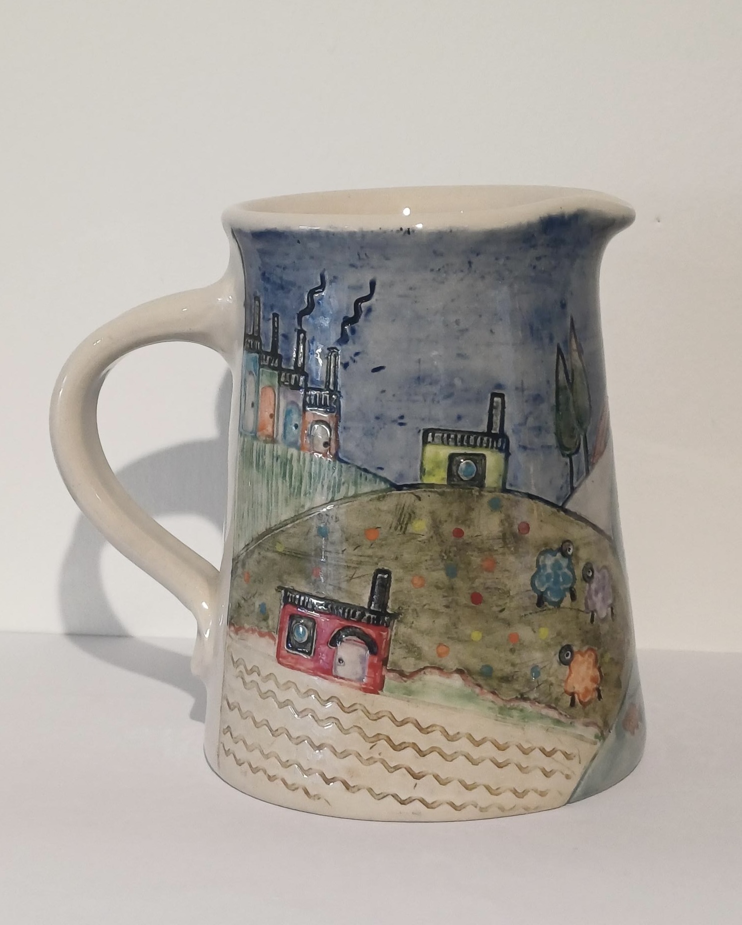 Handmade, Carved and Decorated Large Stoneware Jug with Landscape Design - Image 2