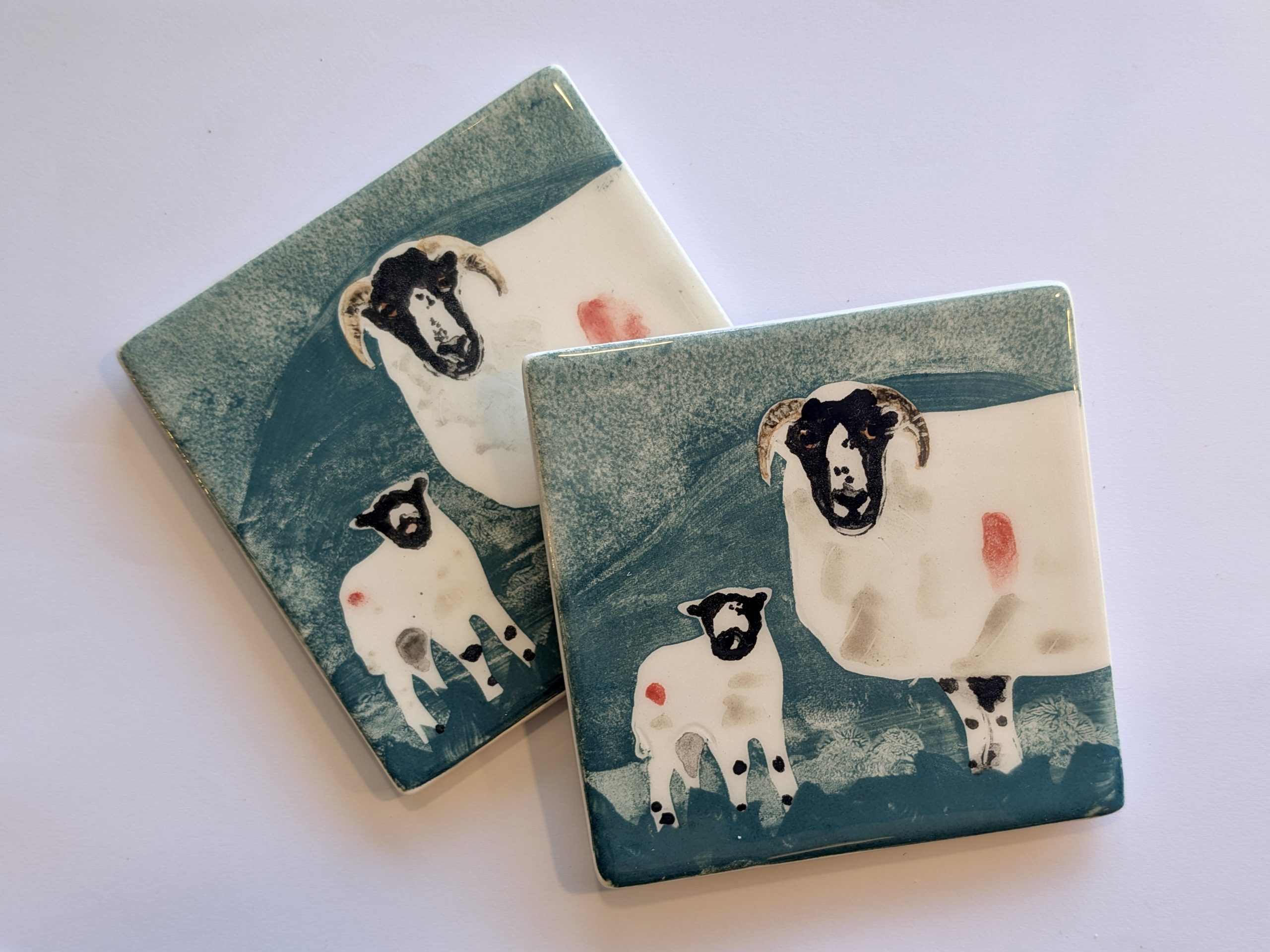 Handmade Ceramic Coaster, Horned White Sheep with Lamb - Image 4