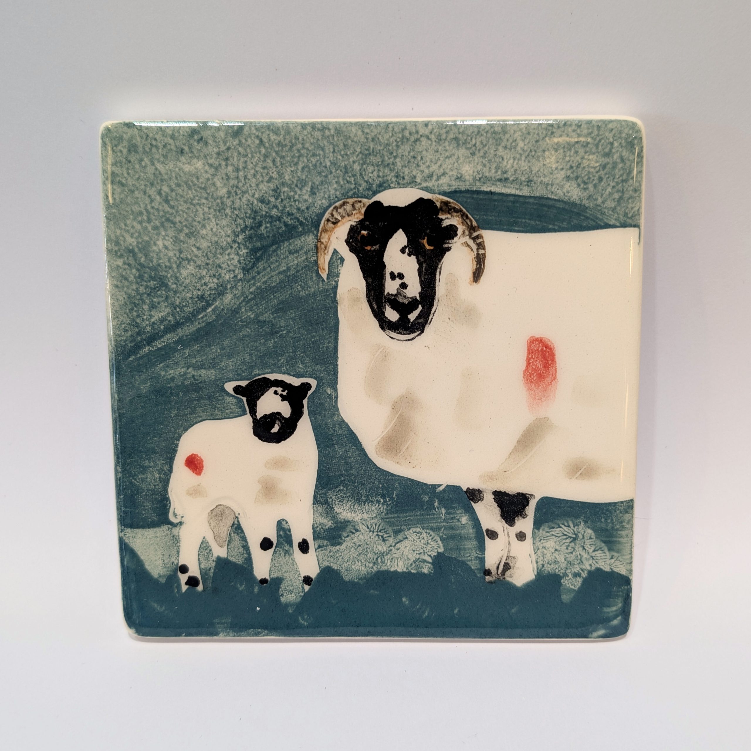 Handmade Ceramic Coaster, Horned White Sheep with Lamb