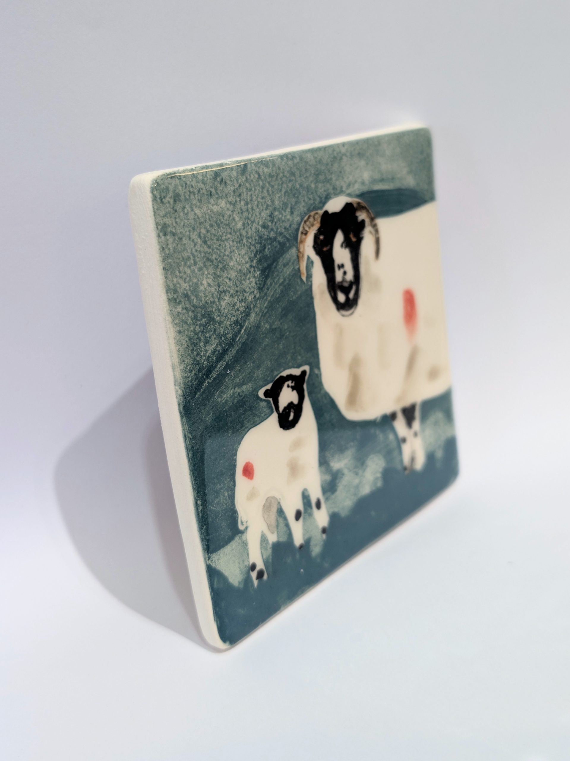 Handmade Ceramic Coaster, Horned White Sheep with Lamb - Image 2