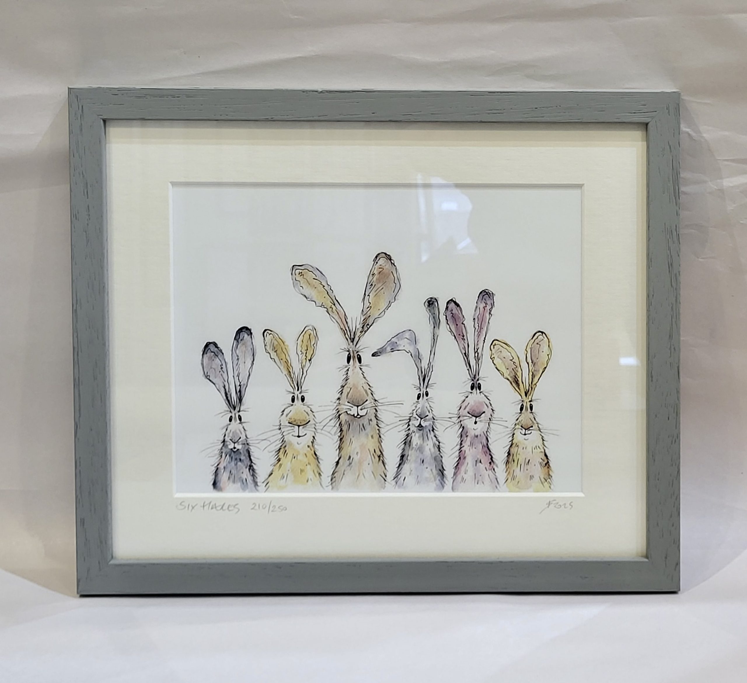 Row of Hares, Limited Edition Print, Light Grey Frame