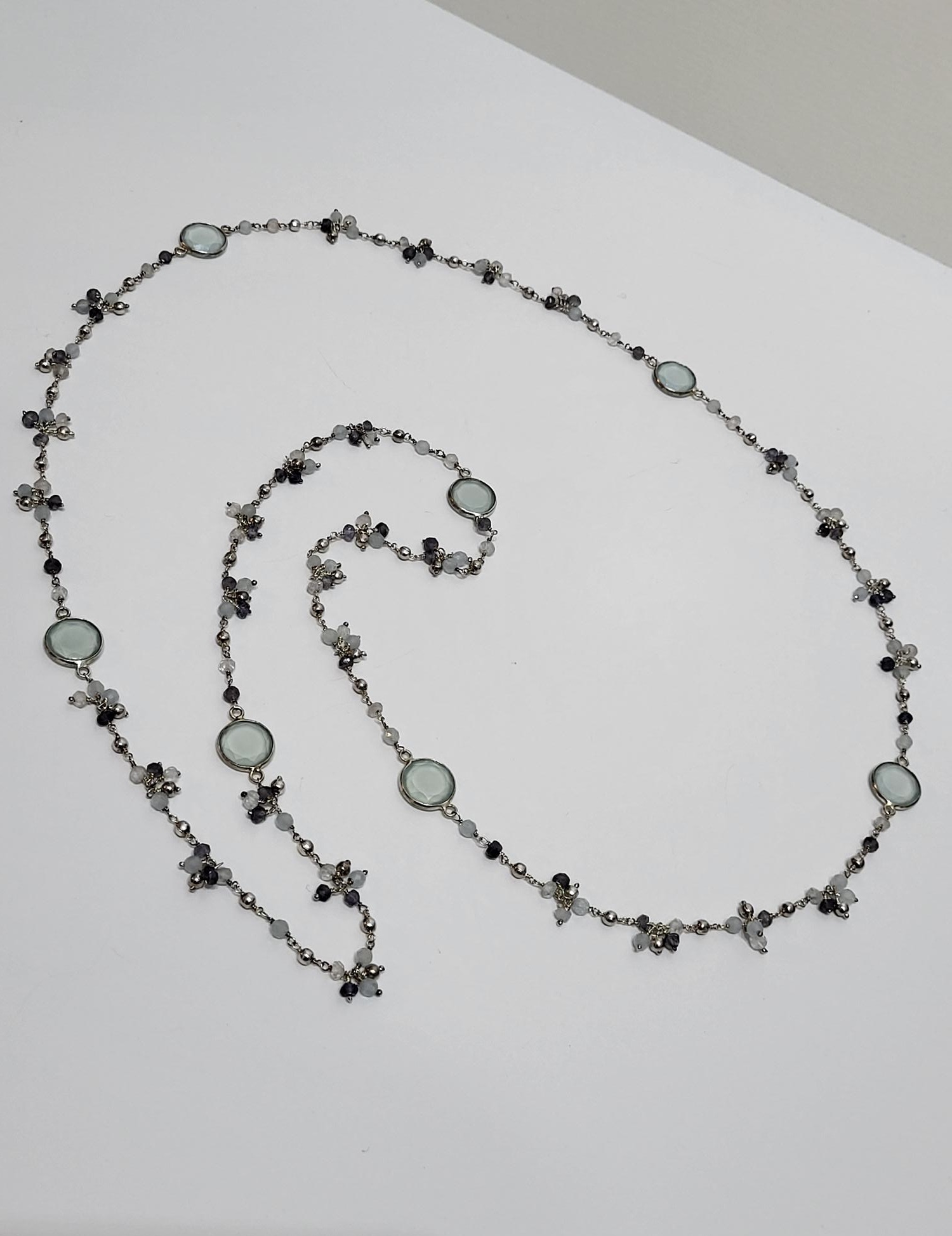 Long Silver Aquamarine Necklace with Beads