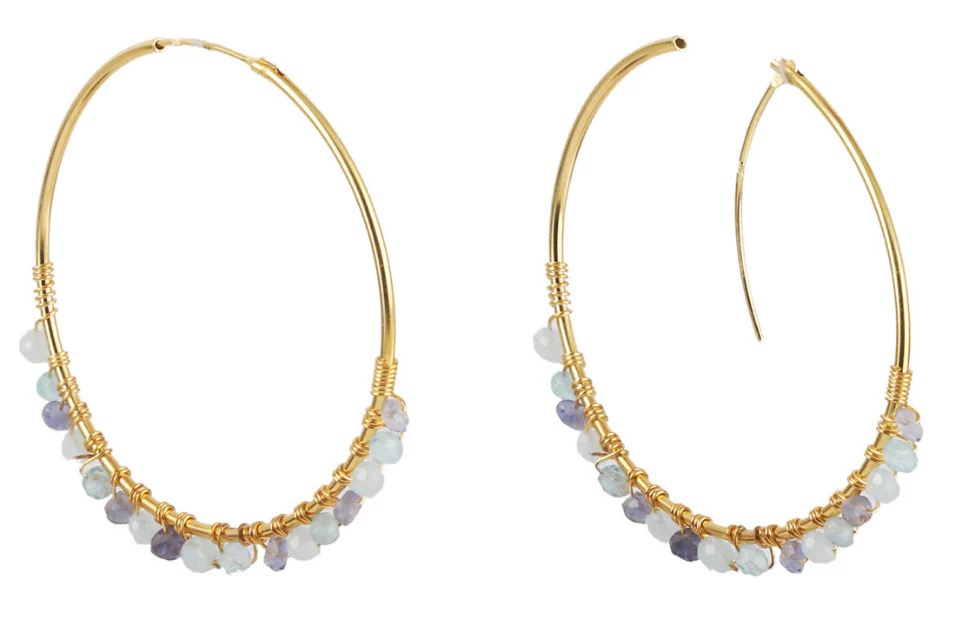 Gold Plated Aquamarine, Iolite & Peridot Silver Hoops - Image 2
