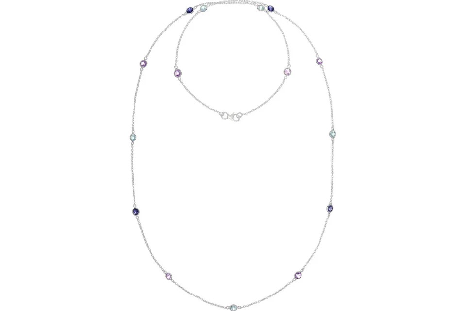 Long Silver Amethyst, Aquamarine & Iolite Necklace