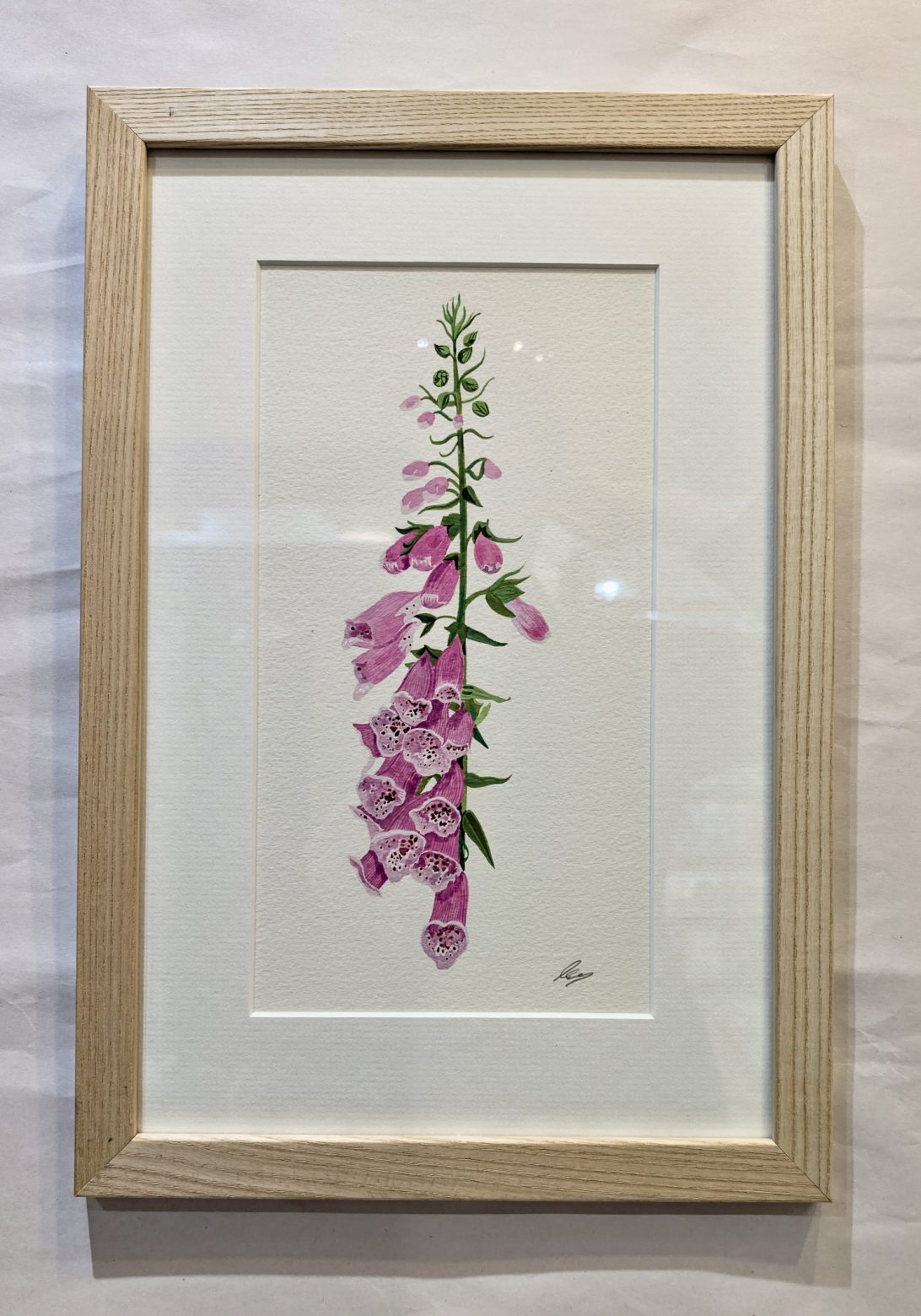 Original Gouache Foxglove Painting, Solid Ash Frame