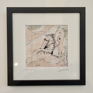 Boots & Sticks - Original Drawing on Vintage Map of Hiking Mouse