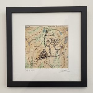 First to The Top - Original Drawing on Vintage Map of Hiking Mouse