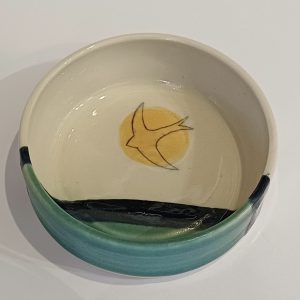 Handmade Stoneware Round Dish, Turquoise, Green & Golden Swift Design