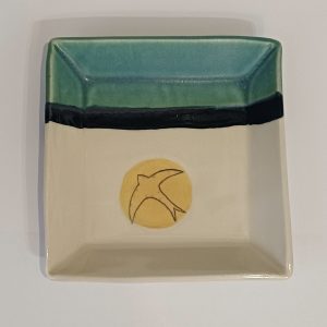Handmade Stoneware Square Dish, Turquoise, Green and Golden Swift Design