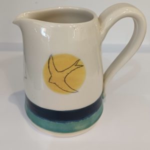 Handmade Stoneware Jug, Glazed in Turquoise, Green and Golden with Swift design