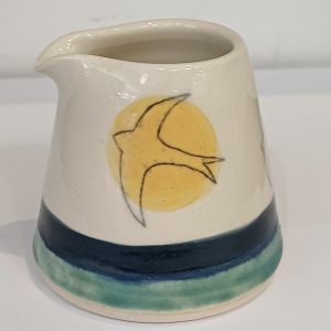 Handmade Small Stoneware Pourer, Glazed in Turquoise, Green and Golden with Swift design