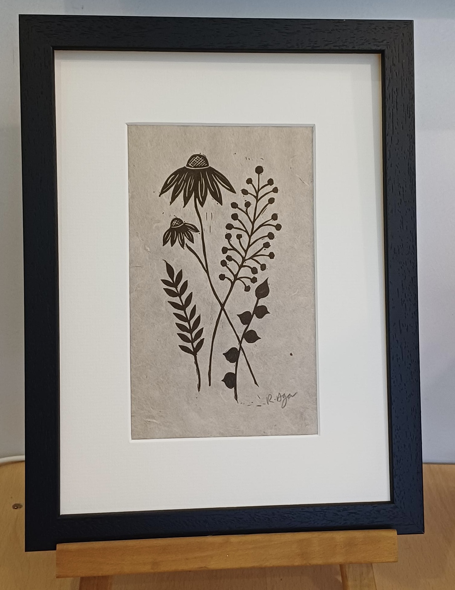 Framed Lino Cut Print of Flowers