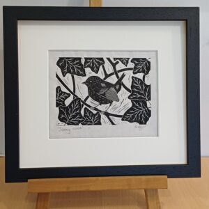 Framed Lino Cut Print of a Jenny Wren
