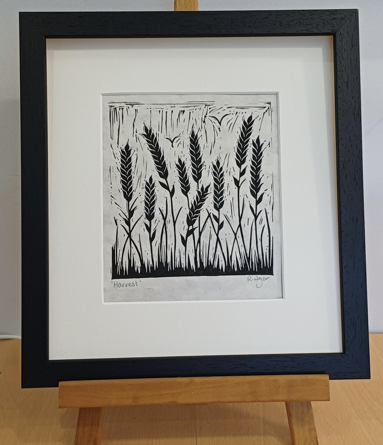 Framed lino cut print of ears of wheat