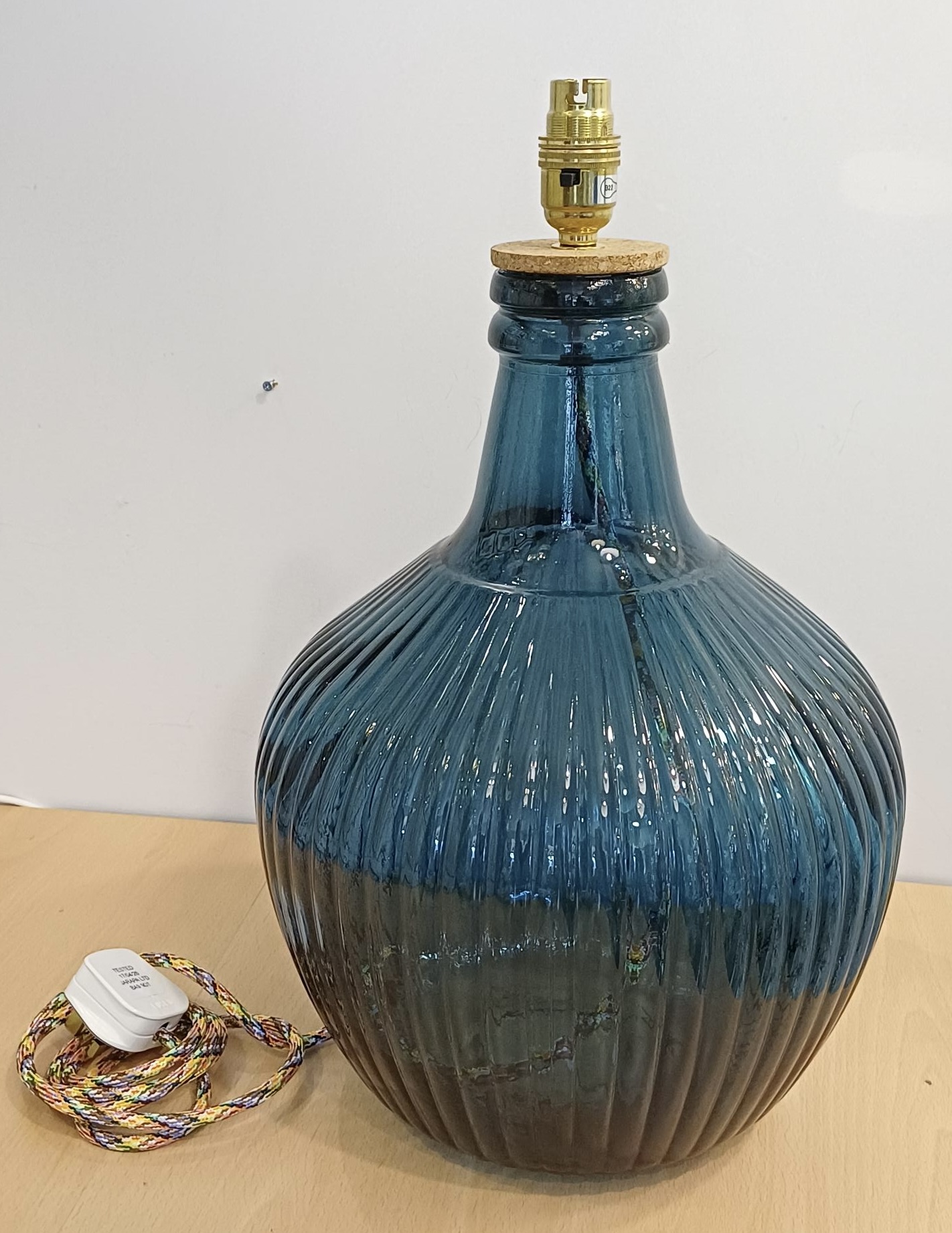 Blue lamp in recycled glass, decorative ridged effect