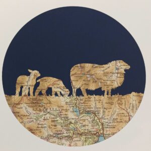 Unframed Print of a Grasmere Map Through a sheep & lamb Image, Blue Background