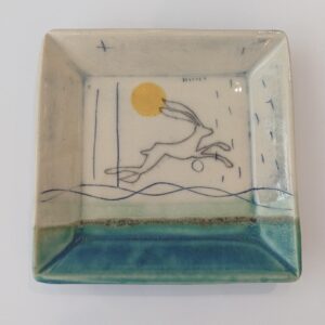 Handmade Stoneware Square Dish, Turquoise and Green Hare Design