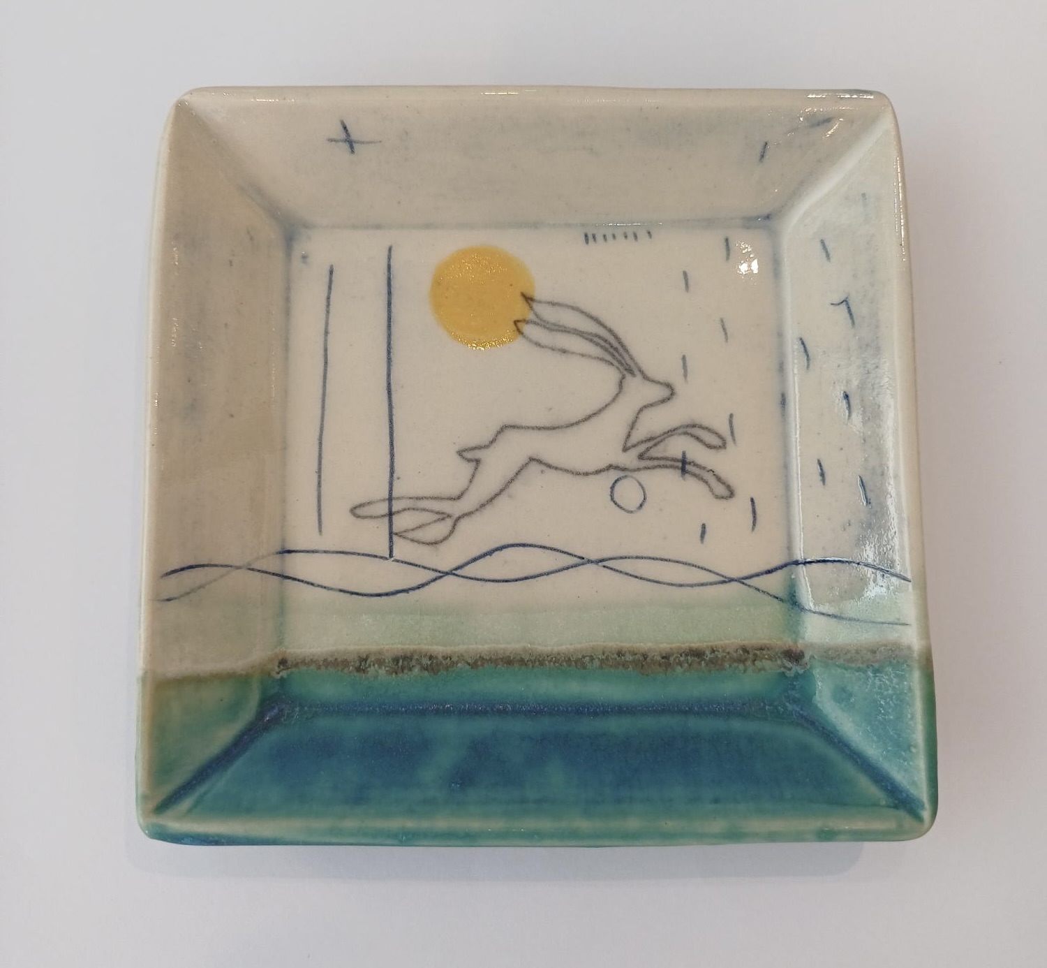 Handmade Stoneware Square Dish, Turquoise and Green Hare Design