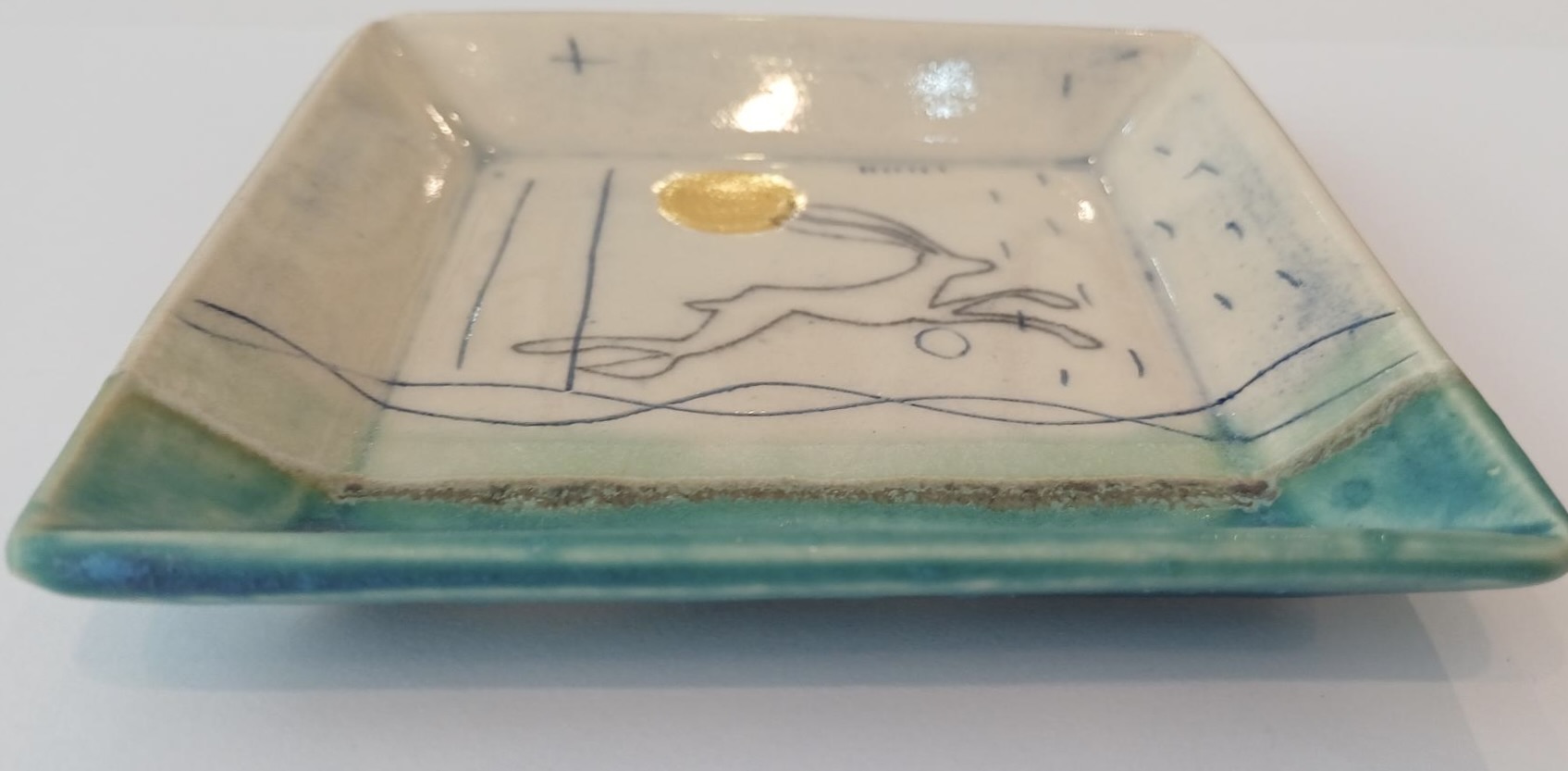 Handmade Stoneware Square Dish, Turquoise and Green Hare Design - Image 2