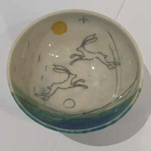 Handmade Stoneware Small Bowl, Turquoise and Green Hare Design