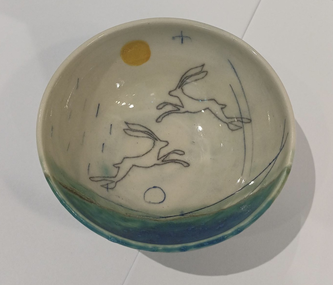 Handmade Stoneware Small Bowl, Turquoise and Green Hare Design