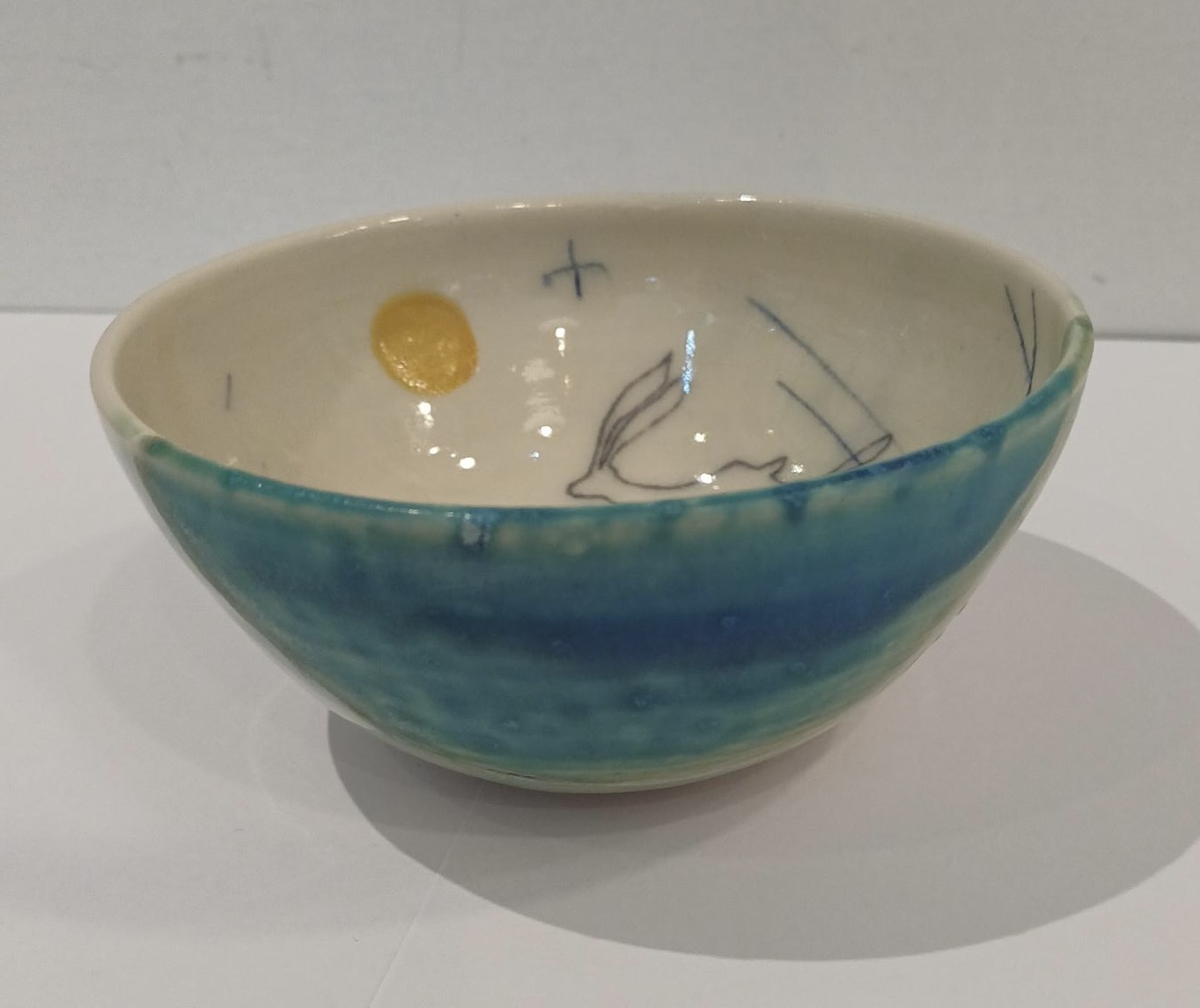 Handmade Stoneware Small Bowl, Turquoise and Green Hare Design - Image 2