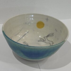 Handmade Stoneware Large Bowl, Turquoise and Green Hare Design