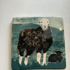 Handmade Ceramic Coaster, Herdwick Sheep with Lamb Standing