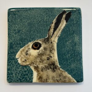 Handmade Ceramic Coaster, Hare with Teal Background