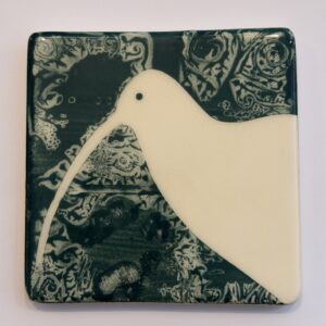 Handmade Ceramic Coaster, Curlew with Teal Patterned Background