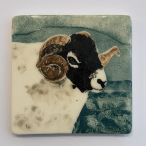 Handmade Ceramic Coaster, Horned White Sheep with Teal Landscape