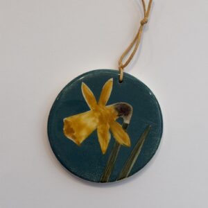 Ceramic Hanging Decoration of Daffodil with Teal Background