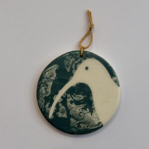 Ceramic Hanging Decoration of Curlew on Teal Patterned Background